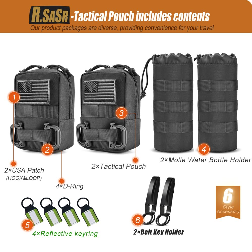 4 Pack Tactical Pouches, Molle Pouches for Backpacks, Molle Water Bottle Pouch, Backpack Attachments (Black)