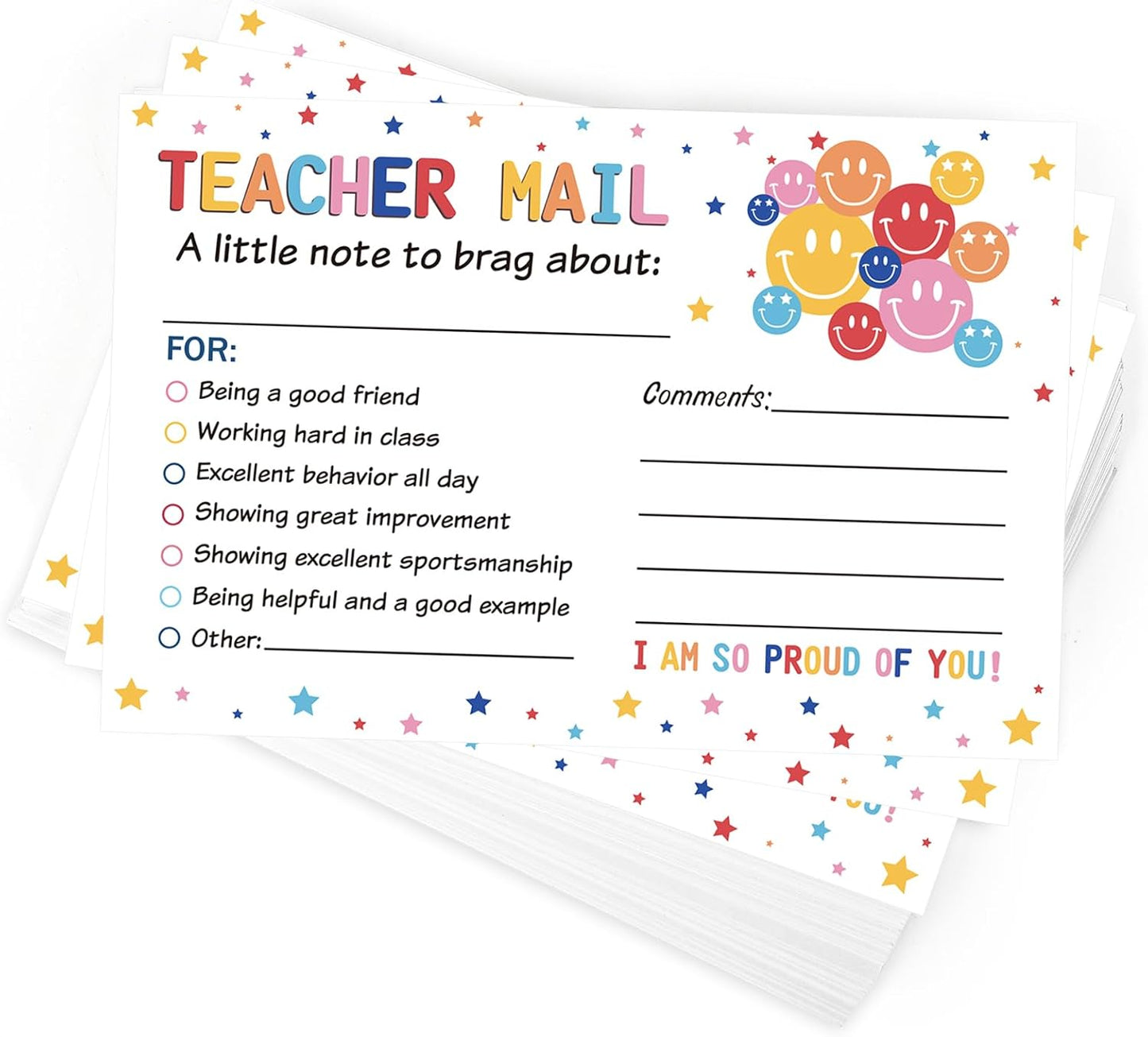 50Pcs Teacher Mail Notes to Parents, Smiley Face Happy Mail Postcards Classroom Good Behavior Incentive Motivational Cards to Send Home for Preschool Kindergarten Elementary School Teacher Supplies