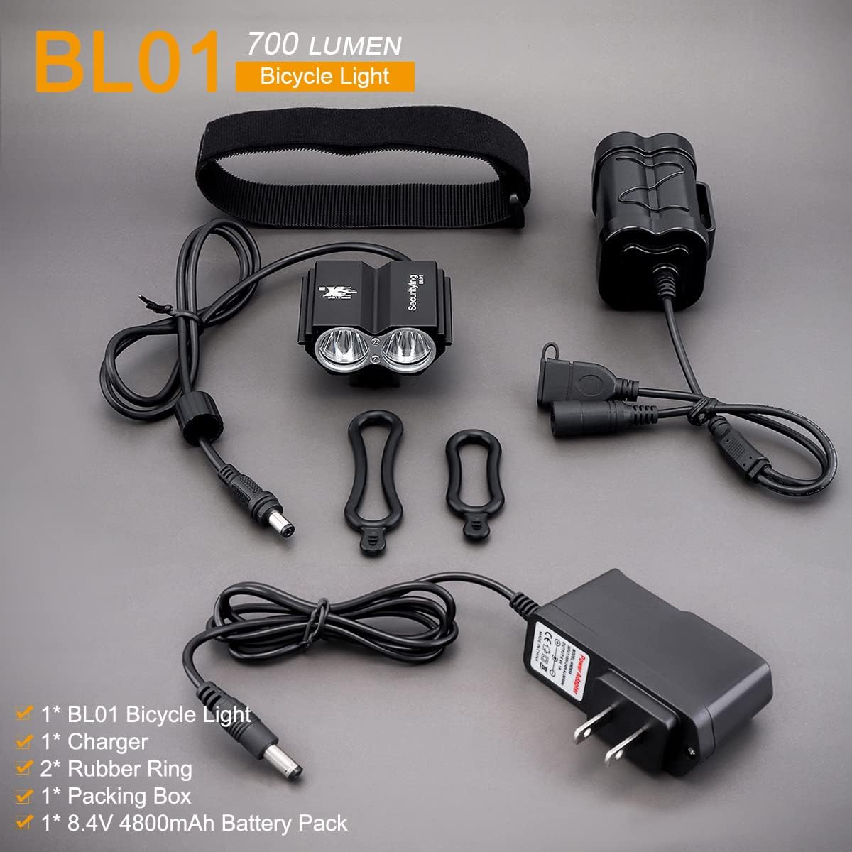 Waterproof 700 Lumens LED Bicycle Light 4 Modes Super Bright Bike Lamp Headlight + 8.4V Rechargeable Battery Pack + Charger for Camping, Cycling, Hiking, Riding