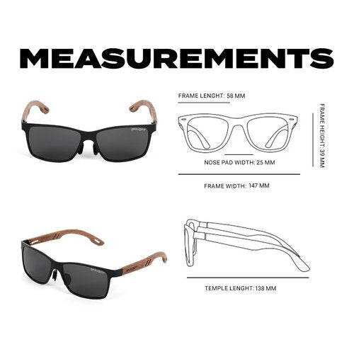 Barkiopt UV400 Sunglasses for Women & Men, Unisex Polarized Sunglasses with Black Aluminum Frame & Wood Temple, Fashionable Black Shades that Protect from UV Rays, Model W5507 (Black Lenses)
