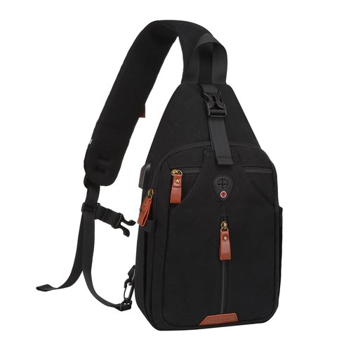 MOSISO Sling Backpack Travel Hiking Daypack, Vintage Canvas Crossbody Sling Chest Bag with USB Charging Port&Removable Strap, Black