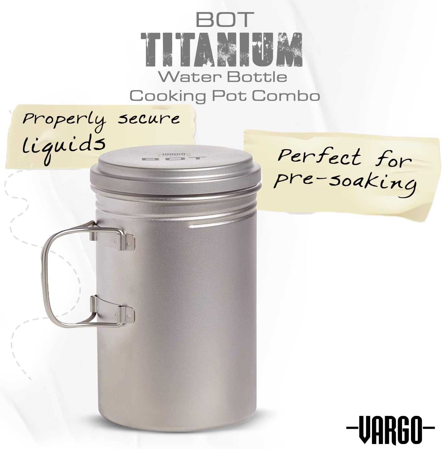 Vargo Titanium BOT Series | Vargo BOT - 700 | Titanium Cooking Pot and Water Bottle with Foldable Handles and Watertight Lid | 700ml (23 oz.)