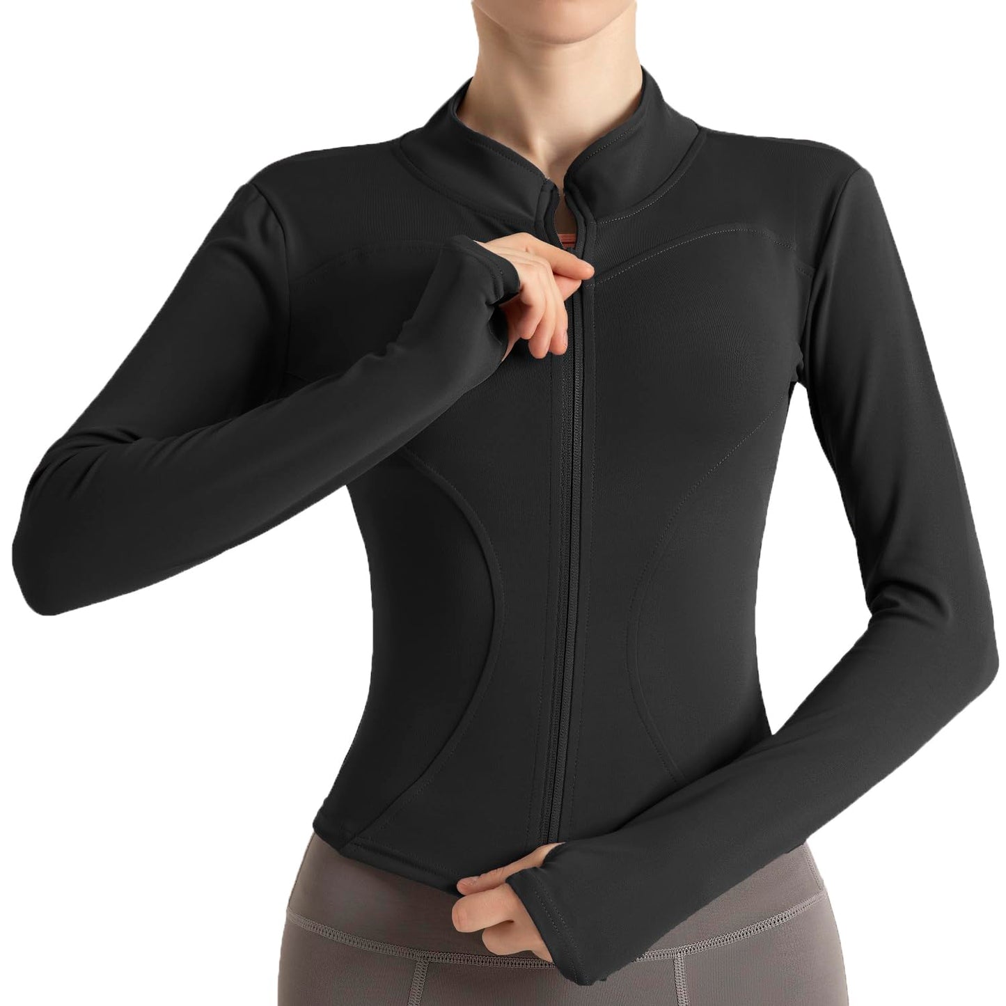 Ncvtang Women's Cropped Lightweight Stretchy Running Track Jackets Full Zip Slim Fit Athletic Tops with Thumb Holes(Black,L)