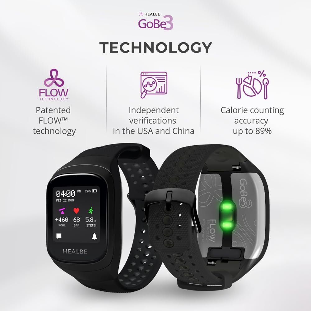 HEALBE GoBe3 - Wearable Health, Fitness and Activity Tracker with Automatic Tracking of Calorie Intake and Burning, Water Balance, Heart Rate, Sleep, neuroactivity, and Stress, with Free app, Obsidian