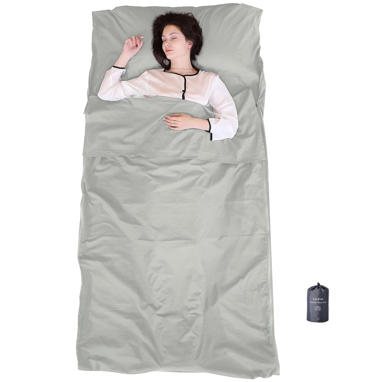 EXERMIL 100% Cotton Sleeping Bag Liner with Full Length Zipper on 3 Sides; Single/Double Adult Sleep Sack for Travel & Camping, Multifunctional Travel Sheets (Unzipped 87”x87”) for Hotel, Lightweight