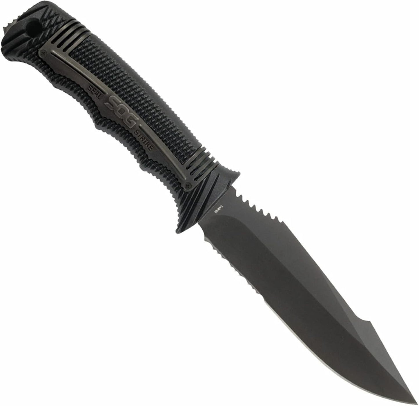 SOG Seal Strike Fixed Blade Knife with Sheath- Tactical and Hunting Knife with 4.9 Inch Partially Serrated Bowie Knife Blade and Survival Knife Line Cutter (SS1003-CP)