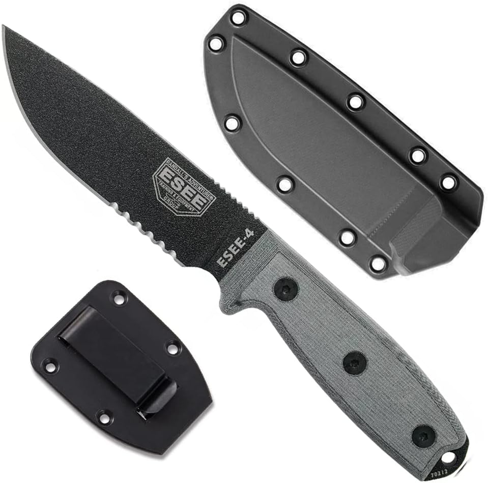 ESEE 4P Survival Knife - Field Tested Fixed Blade Knife with Molded Polymer Sheath & Clip Plate, Full Tang, Plain Edge - Durable Outdoor Camping Blade with Sheath for Survival