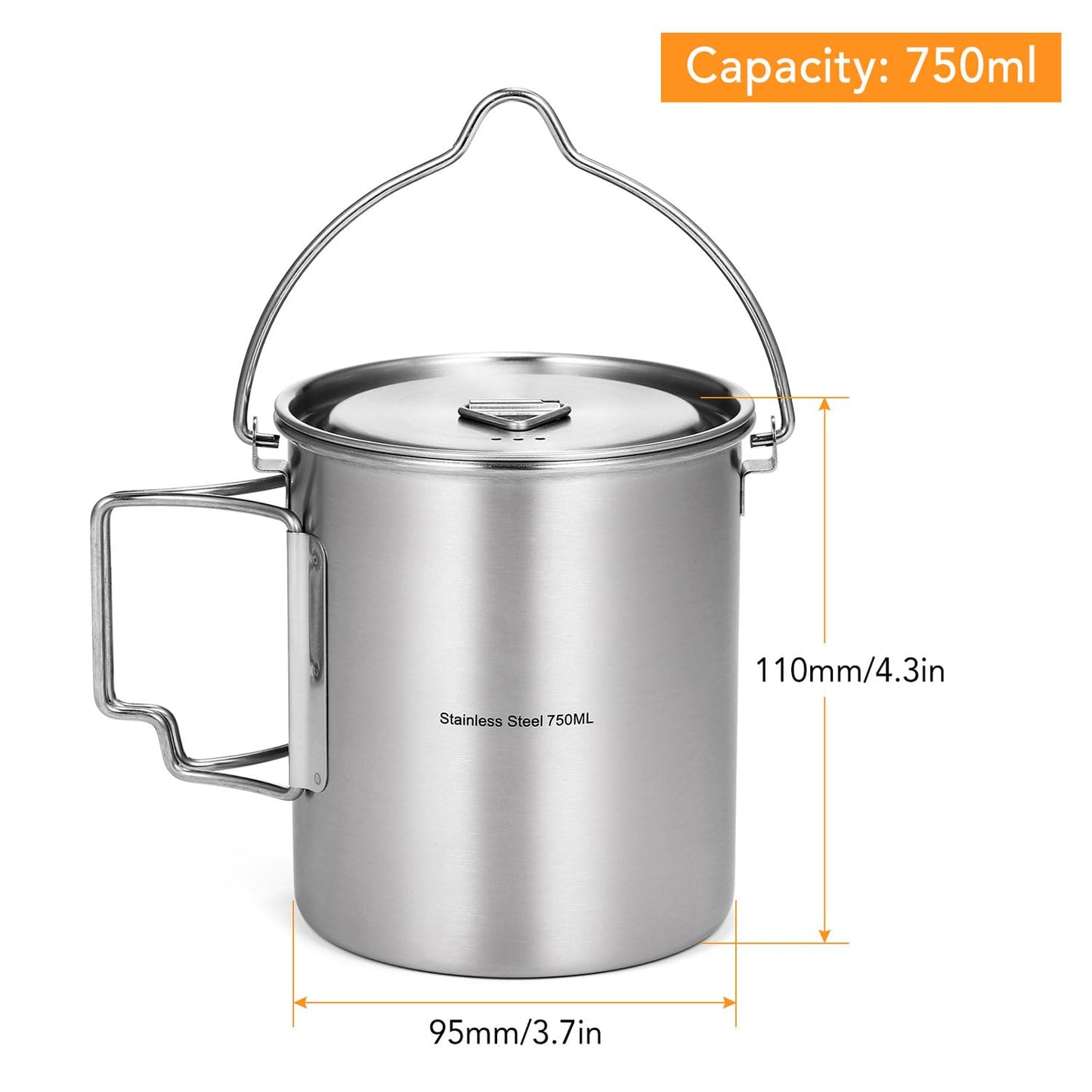 Ailgely 750ml Stainless Steel Cup with Gradation Marks, Foldable Handle, Lid, and Mesh Bag for Camping, Hiking, Picnic (750ml hanging pot)
