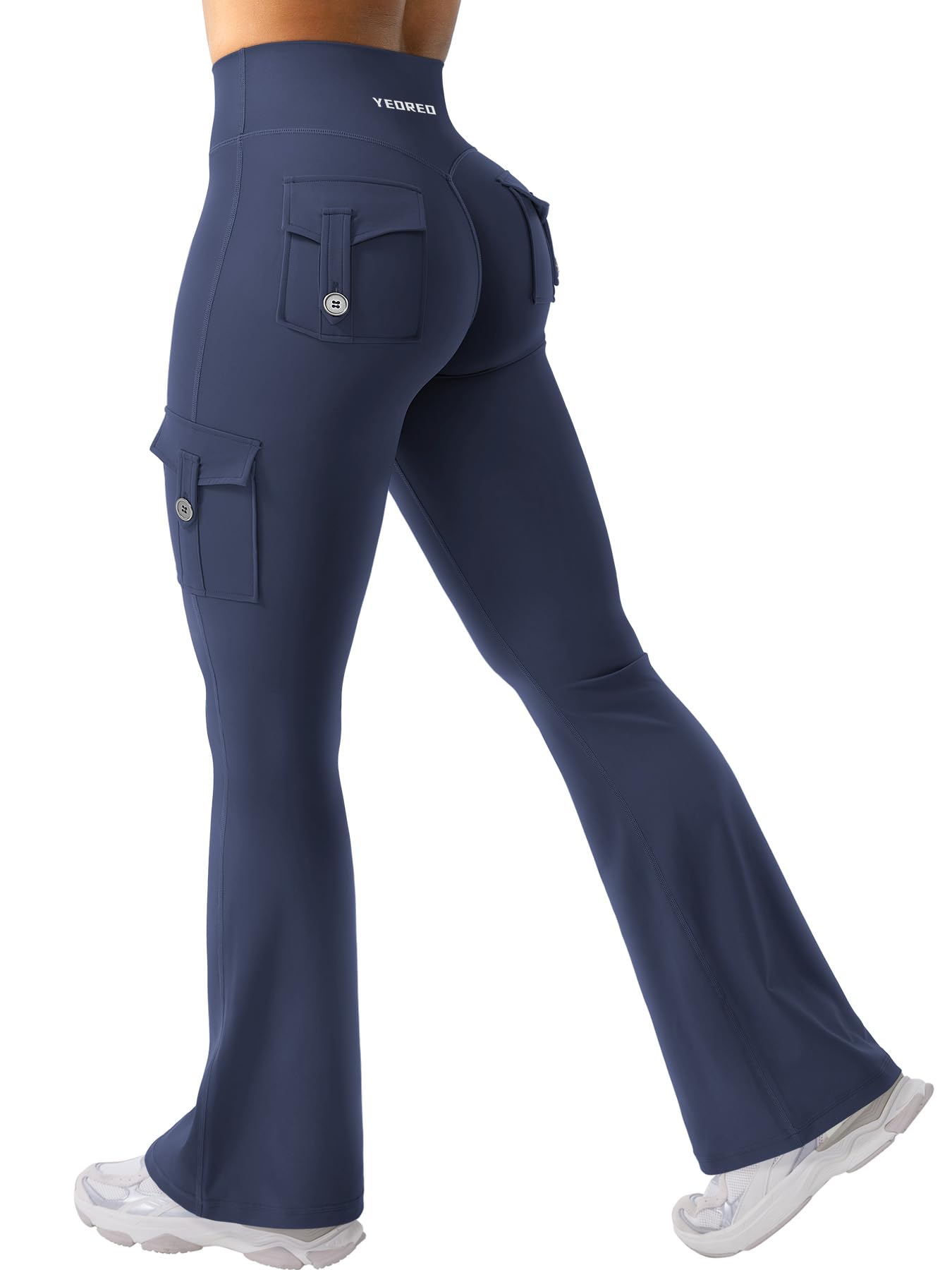 YEOREO CoreFlex Women Workout Flare Leggings with Pockets Hidden Scrunch High Waisted Cargo Gym Yoga No Front Seam Leggings Navy XL