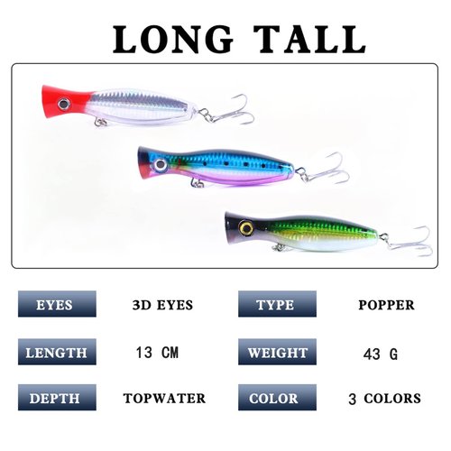 Popper Fishing Lure, JAZALIC 3 PCS Topwater Popper Lures 3D Eyes Fishing Accessories for Saltwater Surface Casting and Freshwater Surface Fishing, Gt Tuna Kingfish Large Predator Fish