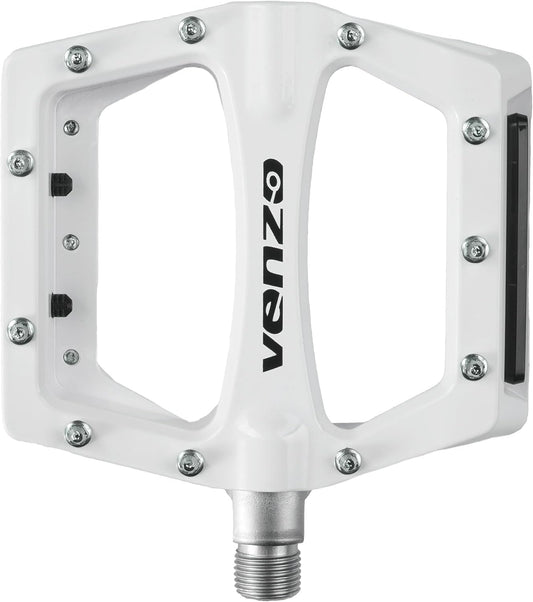 Venzo BMX MTB Bike Pedals with Removable Reflectors - Large Flat Platform Anti-Skid Cycling Pedals - White Color with Die-Cast Aluminium Body 9/16" Cr-Mo Axle - Great for Mountain Bikes BMXs