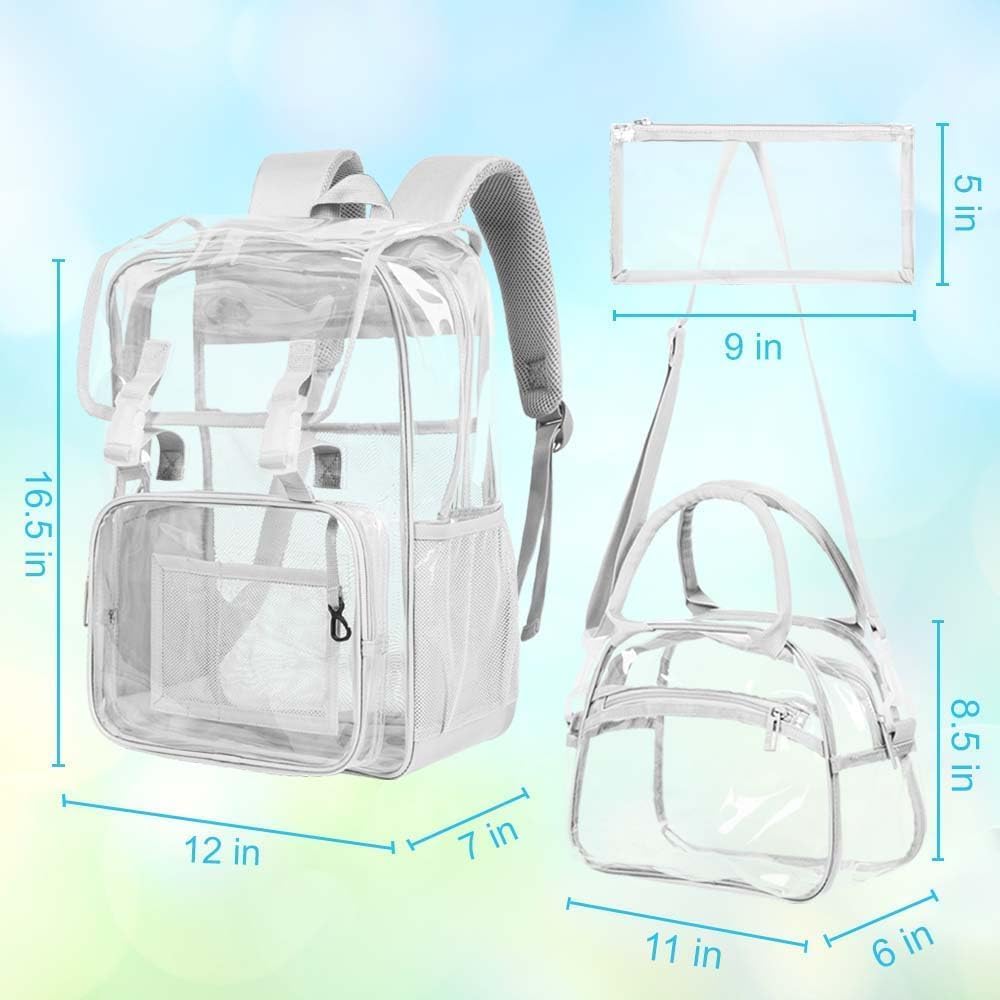 3PCS Clear Backpack, Heavy Duty Transparent Bookbag for Men Boys, Stadium Approved See Through Backpack Set (Grey)
