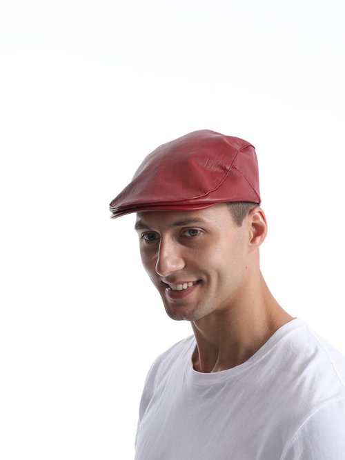 Idopy Men's Classic Faux Leather PU Driving Ivy Hat Fishing Golf Beret Newsboy Flat Cap Cabbie Red