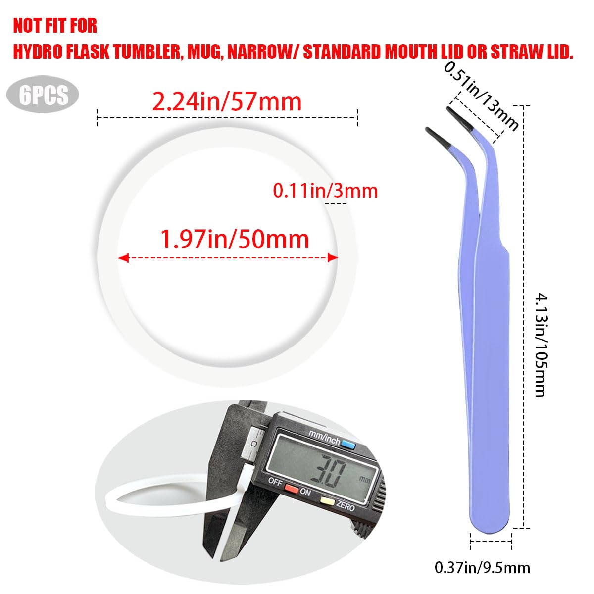 6 Pcs Water Bottle Gasket Replacement for Hydro Flask Wide Mouth Flip Lid, Silicone Water Bottle O Rings, Gasket Seals,Compatible with, Hydroflask Replacement Gasket,2 Inch with Tweezers