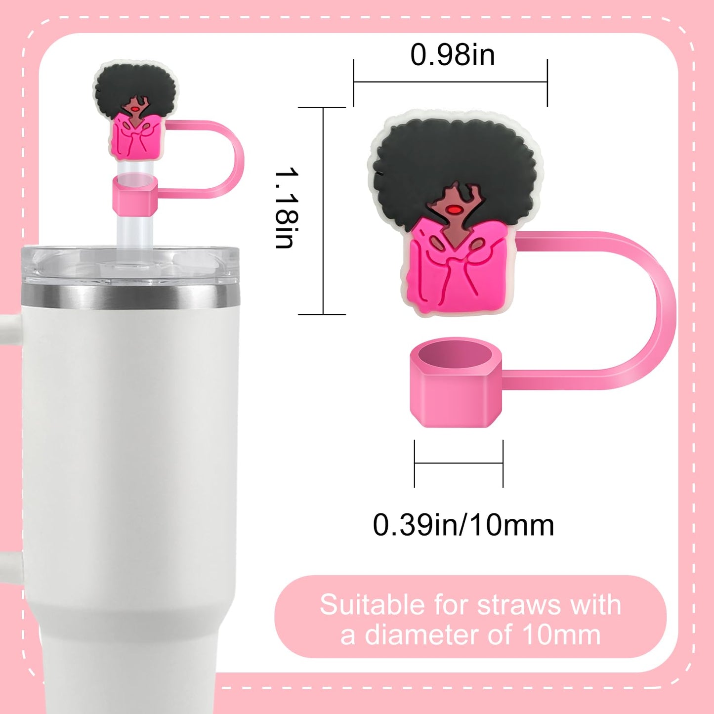 6 Pink Black Girl Straw Covers - Compatible with Stanley Cup, Reusable Silicone Straw Cover fits 0.4 Inch Straws