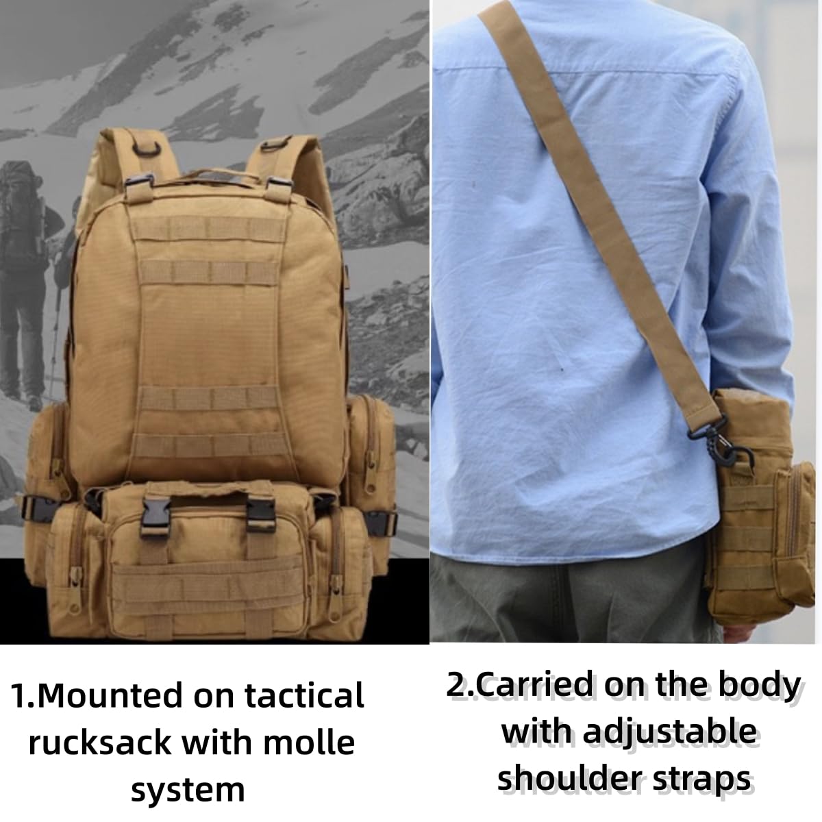 FUNSPIREN Molle Water Bottle Carrier Bag, Bottle Pouch Holder, Adjustable Shoulder Hand Strap Sling Neoprene Sleeve Sports Water Bottle Accessories for Hiking Travelling Camping