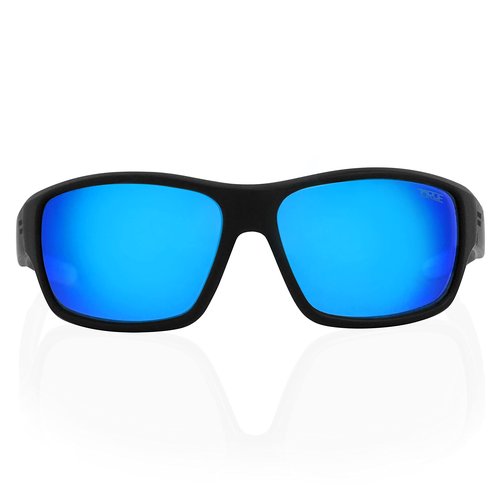 TOROE Eyewear FIELD Wrap Around Sport Sunglasses With Polycarbonate Polarized Lenses, Lightweight TR90 Frame (Matte Black | Black Emblem, Baja Blue (C3))