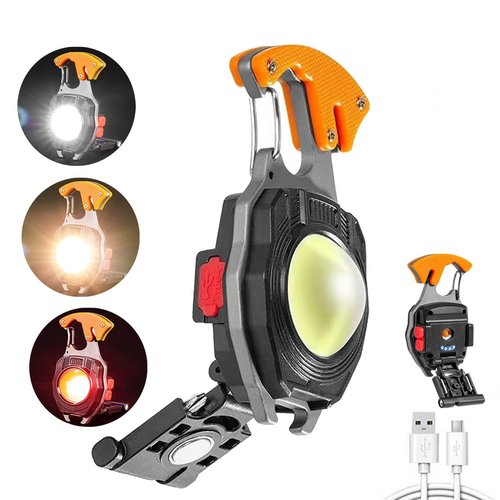 HELINYAN Keychain Portable COB Flashlight, Multifunction LED Pocket Light, Rechargeable Emergency Lighting, 7 Light Modes Magnet Base Multi-Tool Emergency Light for Camping Hiking Fishing Car Repair