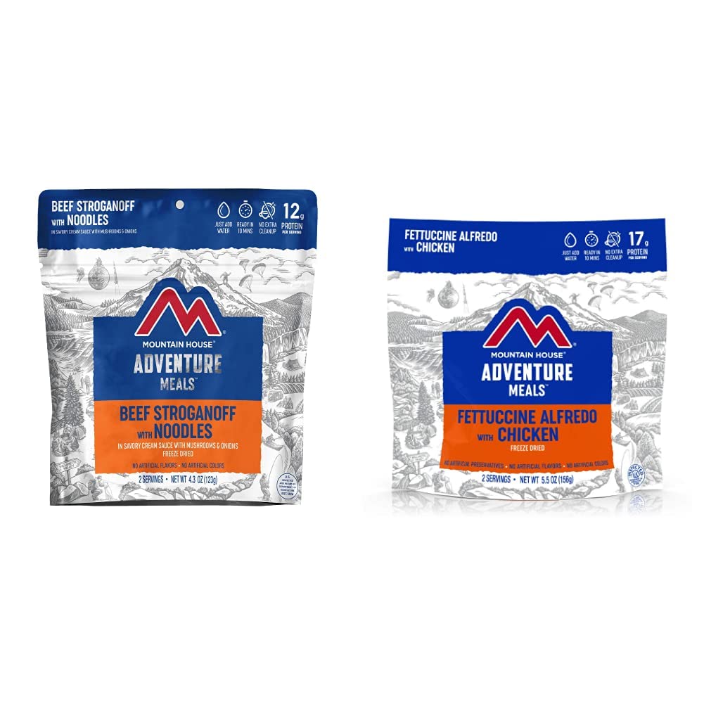 Mountain House Beef Stroganoff with Noodles (2 Servings) and Mountain House Fettuccine Alfredo with Chicken (2 Servings) | Freeze Dried Backpacking & Camping Food