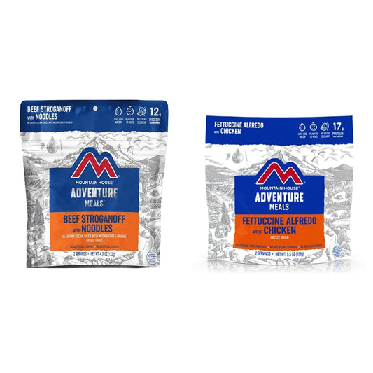 Mountain House Beef Stroganoff with Noodles (2 Servings) and Mountain House Fettuccine Alfredo with Chicken (2 Servings) | Freeze Dried Backpacking & Camping Food