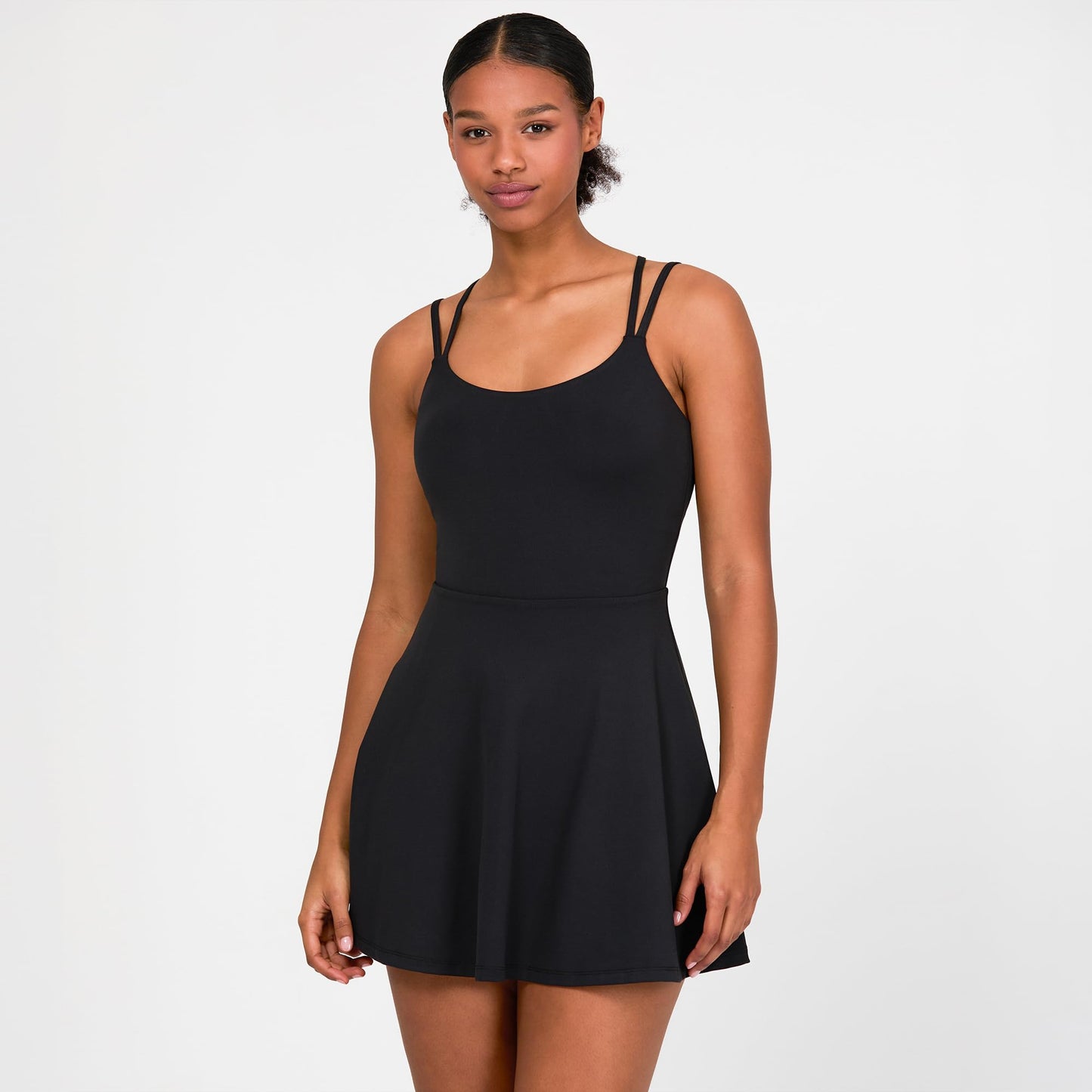 YITTY Active Women's Ultraluxe Strappy Tennis Dress with Built in Short, Athleisure, 4-Way-Stretch, Iconic Black, M