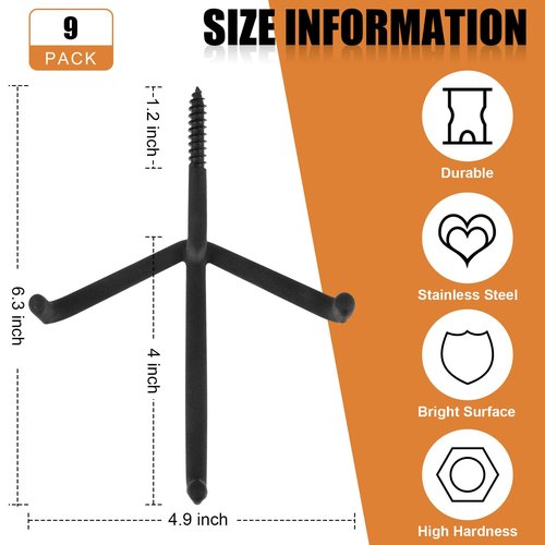 Sadnyy 9 Pcs Tree Stand Bow Hanger 6.3 x 4.9 Inches Screw in Tree Steps with Triple Hunting Bow Hooks for Archery Gear Hangers (Black)