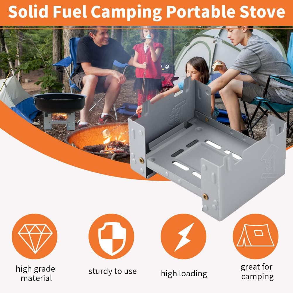 Folding Stove, 95 x 75mm Solid Fuel Camping Portable Stove Indoor Use Fuel Tablets Wood Burning Camp Stove for Outdoor Cooking Backpacking Emergency Stove