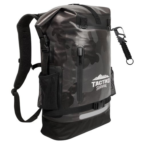 Tactiko 30L 100% Waterproof Backpack with Carabiner, Rip-Stop Floating Roll Top Dry Bag for Kayaking, Hiking, Camping, Survival - U.S. Company (Black Camo)
