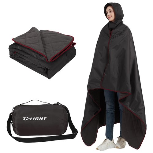 C-LIGHT Outdoor Hoodie Blanket - Stadium Blankets Waterproof Windproof 79’‘x59’‘ - Emergency Blanket for Rain&Cold Weather - Perfect for Picnic, Camping, Outdoor Sports Event, Stadium, Beach (Black)