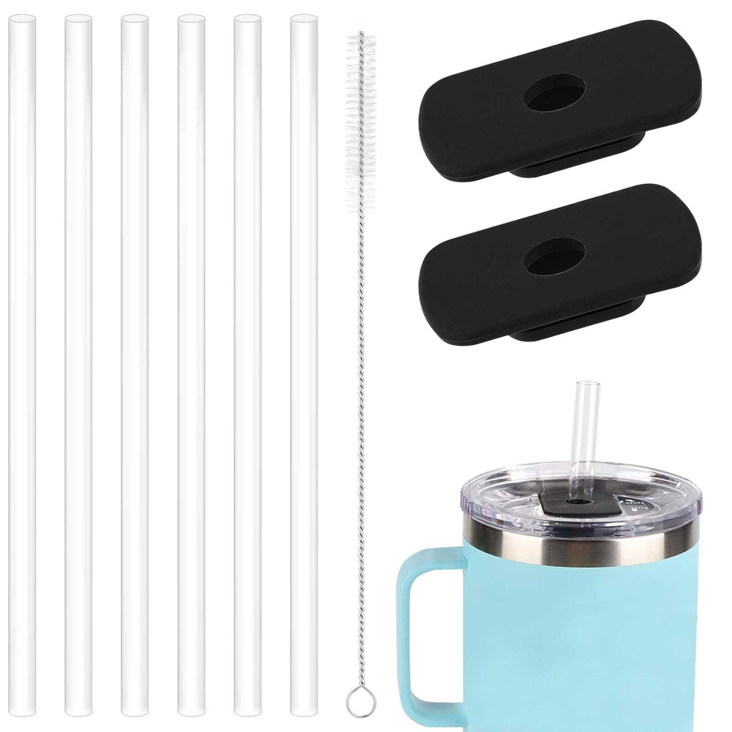 2pcs Straw Lid Attachment, Replacement Slider with 6pcs Straws and Cleaning Brush Compatible with YETI 20oz 30oz Travel Mug, Straw Cover Accessories for Yeti Stronghold (Black)