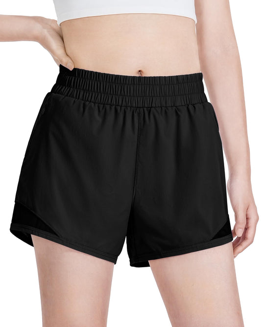 Auranso Girls Athletic Shorts Quick Dry Running Shorts with Mesh Liner and Zip Pockets Black 11-12 Years