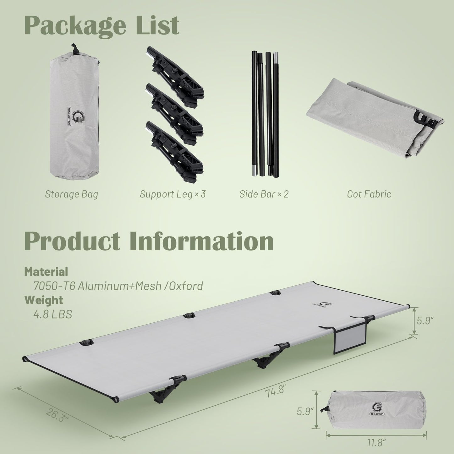 G2 GO2GETHER Foldable Camping Cot, Durable Travel Tent Cot, Ultralight for Backpacking, Comes with Storage Bag(Black/Green/Brown) (Grey)