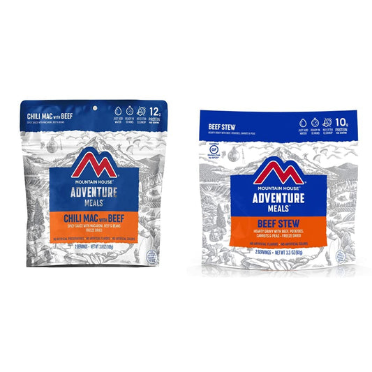 Mountain House Chili Mac with Beef (2 Servings) and Beef Stew (2 Servings) | Freeze Dried Backpacking & Camping Food Bundle