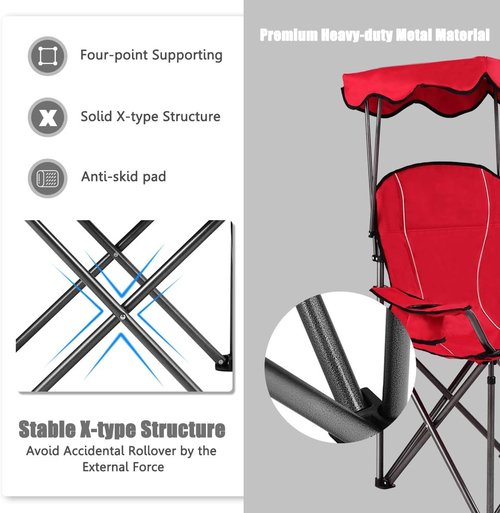 GYMAX Camping Chair, Folding Outdoor Lawn Chair with Canopy, Carry Bag & Cup Holder, Portable Heavy Duty Camp Chair for Outside Travel, Picnic, Beach Soccer Chairs