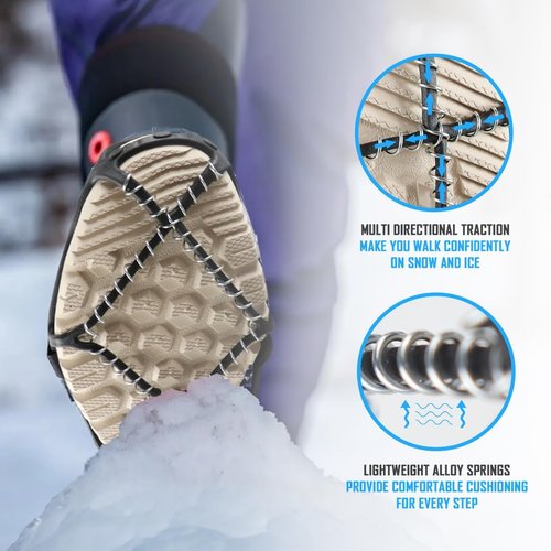 Ice Cleats for Walking on Ice Snow, Crampons Traction Grips Spikes for Shoes Boots, Anti-Slip Flexible Footwear Grippers for Climbing Hiking Fishing Outdoor Running with 2 Adjustable Straps