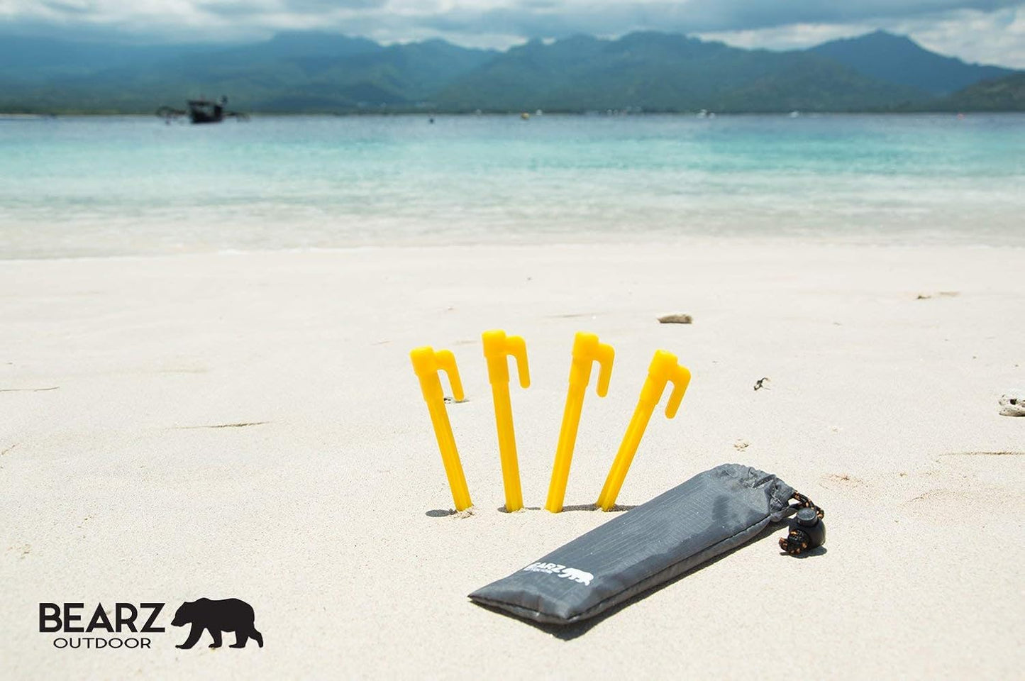 Plastic Stakes by BEARZ Outdoor. Small Tarp Stakes/ Tent Spikes for Sand, Lawn, Beach Blankets. Compact & Lightweight Tent Pegs with an Anchor. Safety Yellow (5.9″ Pack of 4)