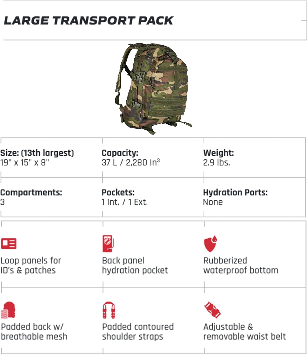 Fox Outdoor Products Large Transport Pack | 37L Tactical Backpack with Compression Straps, Hydration Pocket & Modular Webbing