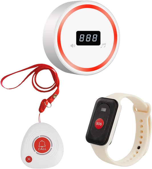 Wireless Caregiver Pager Call Button Emergency Calling System 328 Feet 1 Call Button/1 Watch Button/1 Receiver Nurse Alert System for Elderly Patient Disabled (1 Red H1+1 3DB+M2)