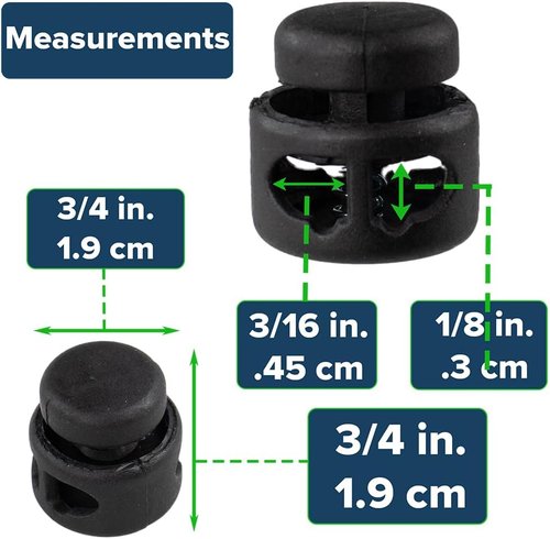 Double Barrel Black Cord Lock Toggle Stoppers - 10 Pack for Paracord Projects