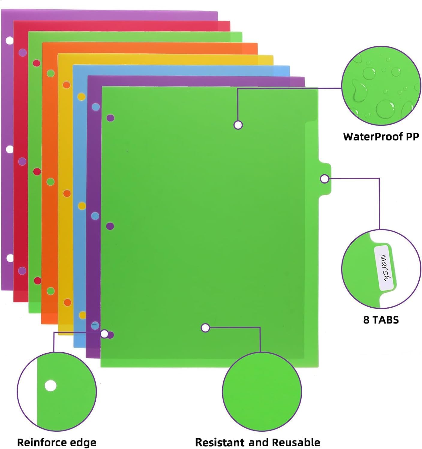 Colorful Binder Dividers with Tabs,Plastic Index with 8-Tabs,for 3 Ring Binder,6 Sets