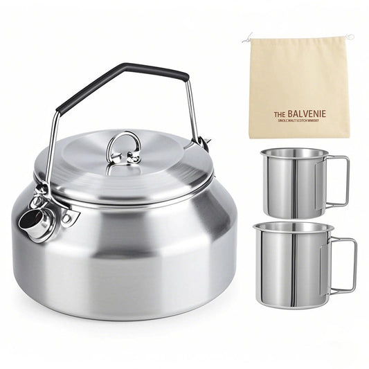 3PCS Camping Kettle Outdoor Campfire Camp Kettle Set with 2 Cups, 1L Stainless Steel camping tea kettle Coffee Pot, Portable Lightweight Teapot, Ideal for Hiking Picnic Travel, Silver