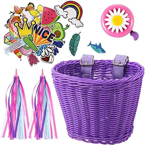 Kid Bicycle Basket Small Wicker Basket Bike Streamers for Girls with 2 Pieces Bell and 30 Pieces Stickers, Bicycle Decoration Accessories for Boys and Girls