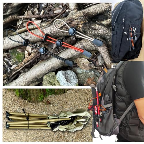 Tactical Hiking Pole Holder Set with 3 Sizes - Heavy Duty Elastic Cord, Khaki, Orange & Black Variations
