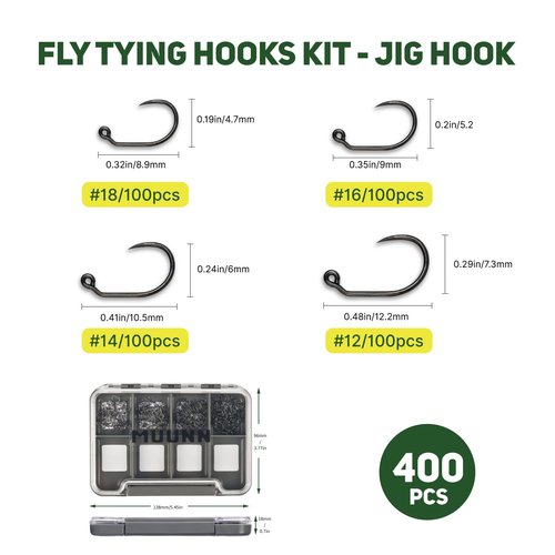 MUUNN 400Pcs Fly Tying Hooks Assortment, Barbless Fishing Hook Trout, Wide-GARP Jig Fly Fishing Hooks 12#14#16#18# with Box
