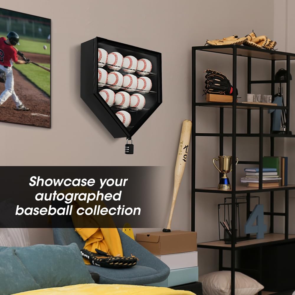 J JACKCUBE DESIGN Baseball Display Frame Case 12 Balls Holders with UV Protection Acrylic Door Wall Mount Shadow Box Cabinet Shelf for Home Run Autographed Collection Memorabilia Ball- MK955A