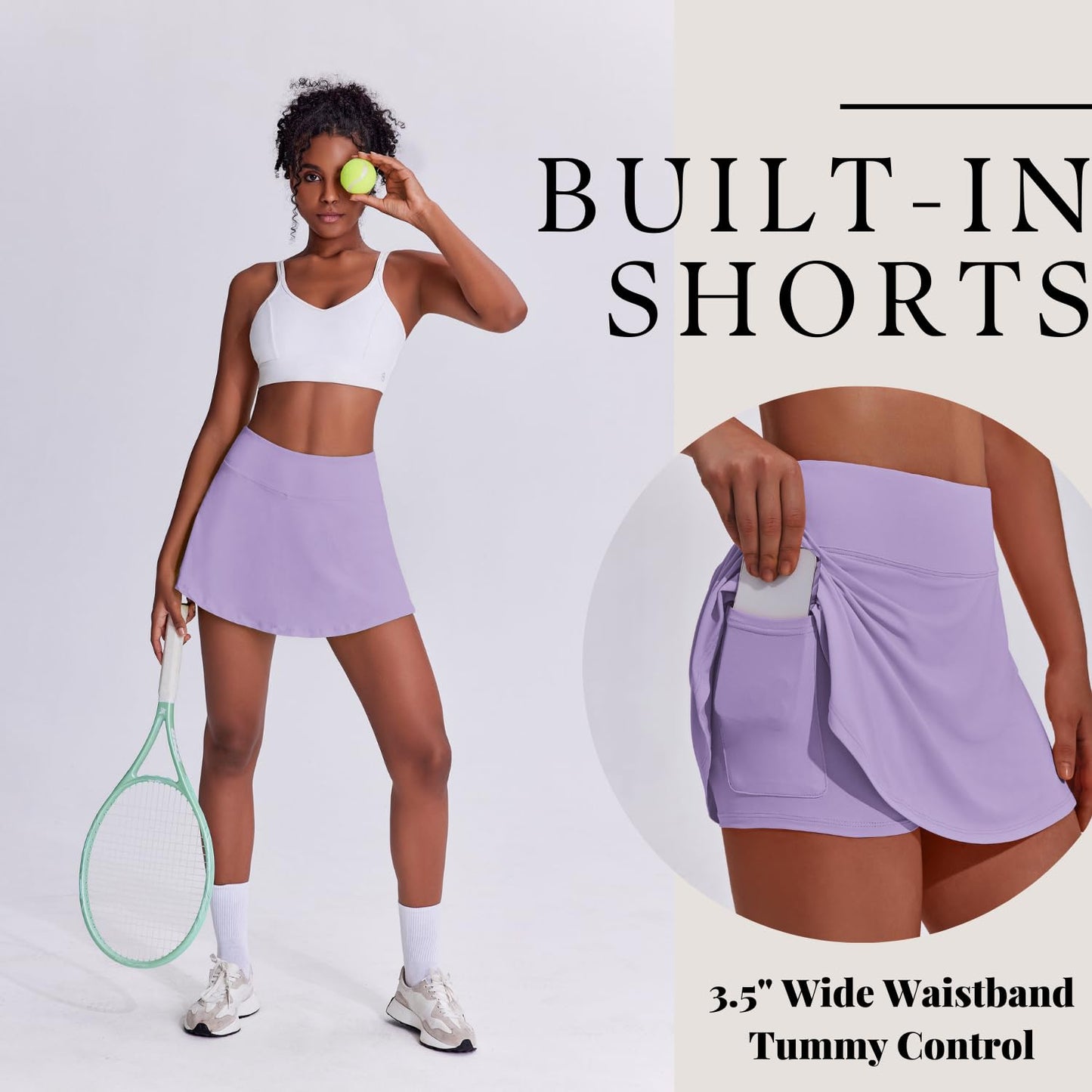 PINSPARK Athletic Skirt Skorts Pleated Tennis Skirts Tummy Control Golf Skirt with Pocket Short Skirt Activewar,Lilac X-Small