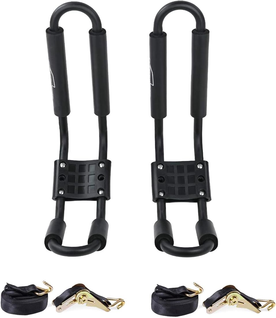 AA-Racks J-Bar Rack Roof Top Mount with 16 Ft Ratchet Lashing Straps, Folding Carrier for Your Canoe, SUP and Kayaks on SUV Car Truck