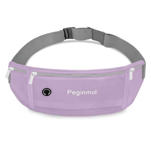 Peginmol Slim Running Belt Fanny Pack, Waist Pack Bag for Women Men, Running Pouch for Phone Waterproof Reflective with 3 Pouches, Running Phone Holder for Sports, Traveling (Purple)