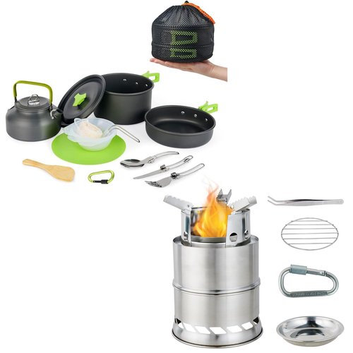 MEETSUN Camping Cooking Set with 1.5L Pot, Camping Cookware Set for 2-3 Person,Camping Mess Kit with Kettle and Portable Mini Wood Buring Stove for Camping Hiking Backpacking