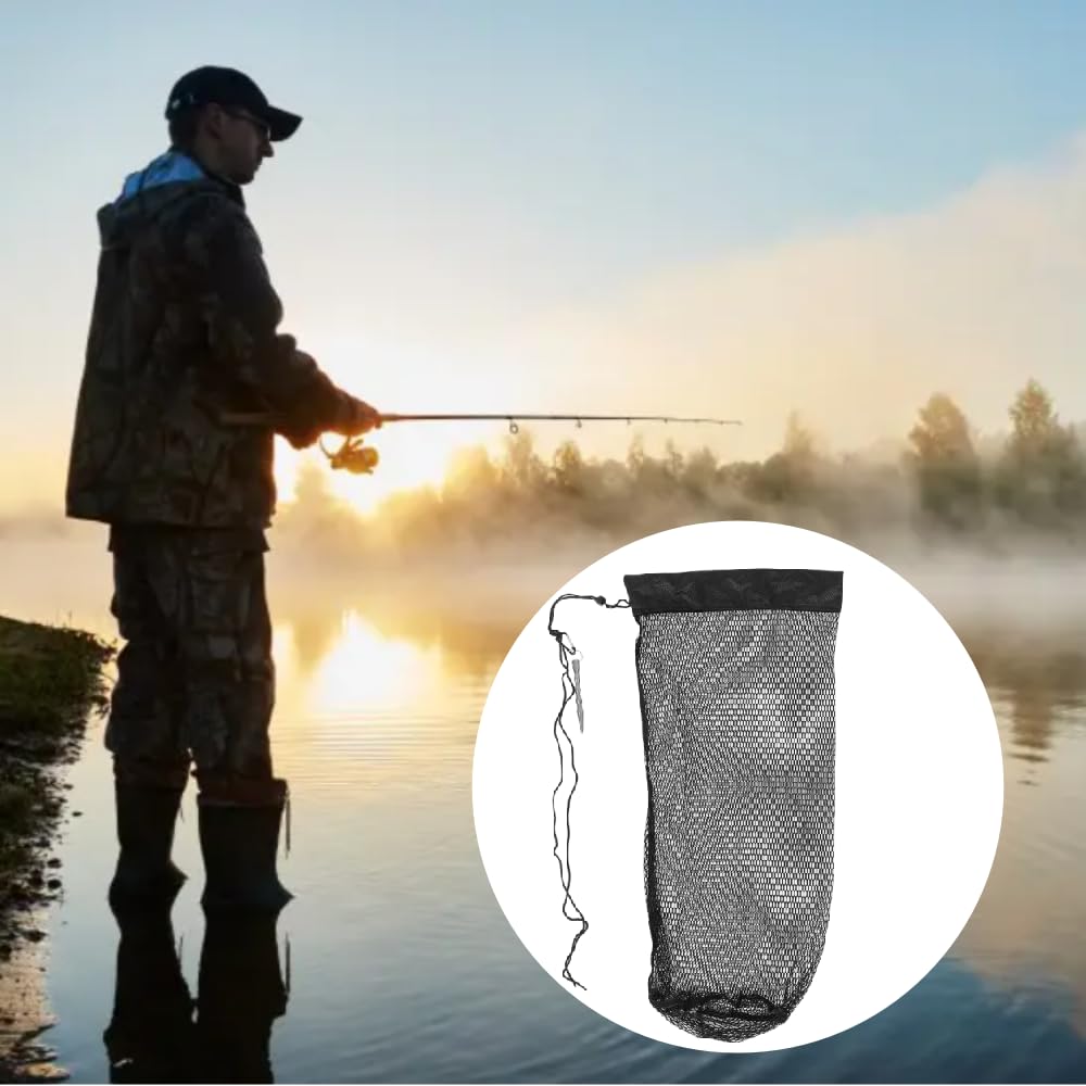 1Pcs Collapsible Fish Collection Bag - Portable Nylon Fishing Net with Drawstring and Lure Holder, Black